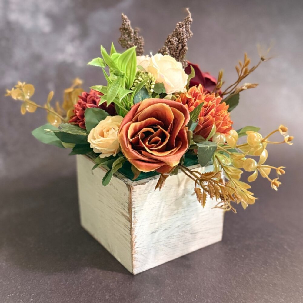 Fall Faux Floral Arrangement in Rustic Wooden Box – Home or Office Decor
